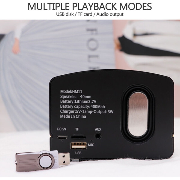 Retro HM11 BT Speaker Mini Outdoor Portable USB Flash Disk TF Card Small Speaker av høy kvalitet, modell: Noir