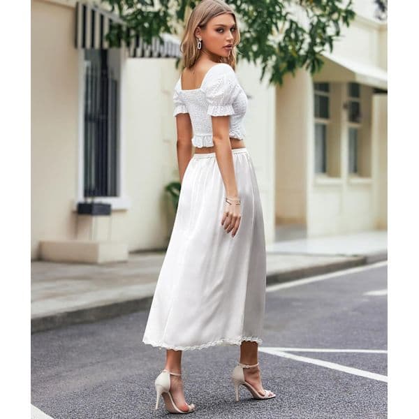 Sateng underkjole med blonder for kvinner, lang underkjole hvit ML L