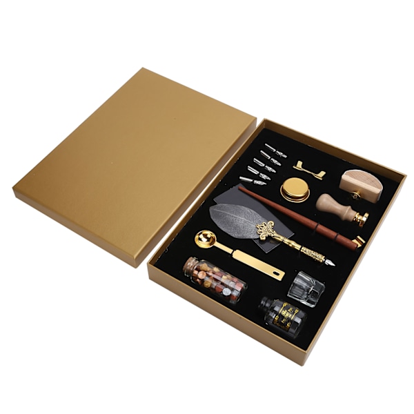 Fjäderpenna Vax Set Quill Dip Skrivbläck Stämpel Kit Vintage Student Skrivmaterial Presentförpackning SP225064 Pärlgrå