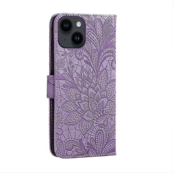 【NX】Spetsblomma Läderfodral Kompatibel med iPhone 15 Plus Purple