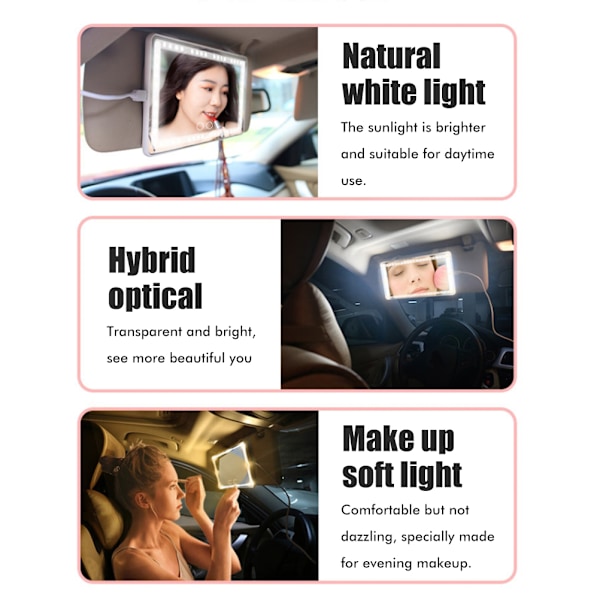 Bilsolskærm Spejl med LED Lys - Makeup Spejl til Bil med 3 Lystilstande, Dæmpbar, Genopladelig, Bilspejl, Kosmetik Spejl