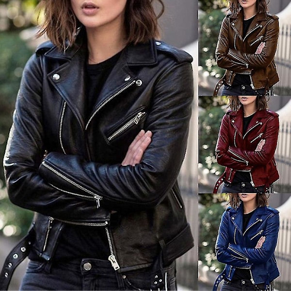 Dame Faux Læder Zip-Up Jakke - Kort Tynd Stil, Blå