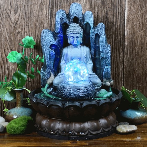 Ainutlaatuinen Buddha-muotoinen pöytäsuihkukoriste, hartsi, kodin pöytäkoriste, valolla, EU-pistoke, 220 V