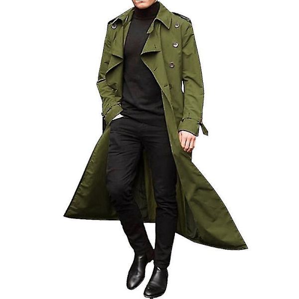 Mænds Grøn Dobbeltbrystet Trenchcoat med Bælte - Langt Lapel Business Jakke 2XL