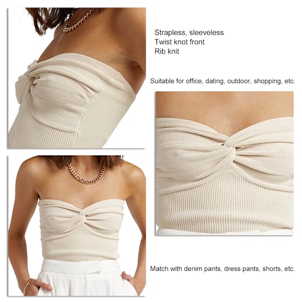 Stroppeløse topper Casual Elegant Ribbestrikket Twist Knot Front Ermeløs Tube Top for Dating Party Aprikos M