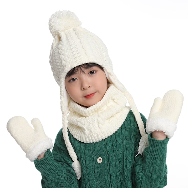 3st Baby Vinter Mössa Scarf Handskar Set Stickad Fleece Fodrad Mössa med Pompom Twist Fläta Utomhus Varm Mössa för 2-5 år Barn Pojkar Flickor