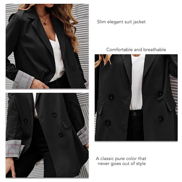 Blazer med reversknapper, ensfarvet, lomme, ternet rullede manchetter, langærmet jakke til kvinder, sort, M