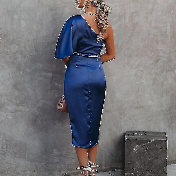 Solid Navy Blue Satin Bodycon Midi Dress för kvinnor