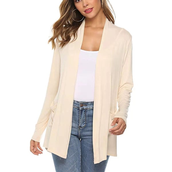 Damtopp Långärmad öppen frontficka Snygg trendig lös passform-topp för Lady Beige L