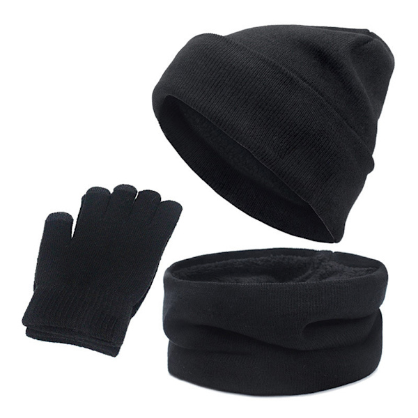 3st Vinterstickad mössa Scarfhandskar Set Fleecefodrad Varm Beanie Touch Screen Handskar för Kvinnor Män Utomhus Cykling Skidåkning