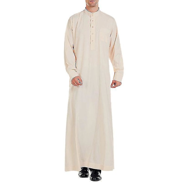 Muslimsk herr långärmad enfärgad Thobe Robe Klänning XL Beige