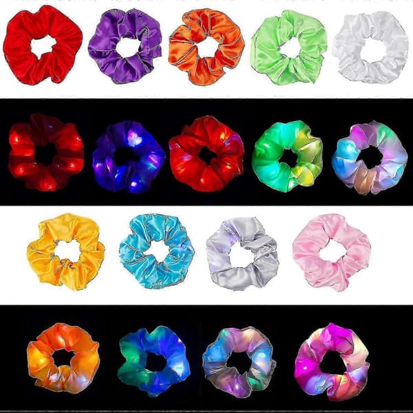 9 stk LED-lys hårelastikker i satin, elastikbånd, bindebånd og reb - 3 farver, lystilstande - JA