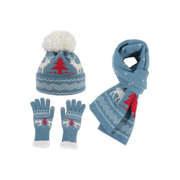 Vinterstickad dammössa Beanie Scarf Handskar, varm julmössa som passar de flesta män och kvinnor Blue