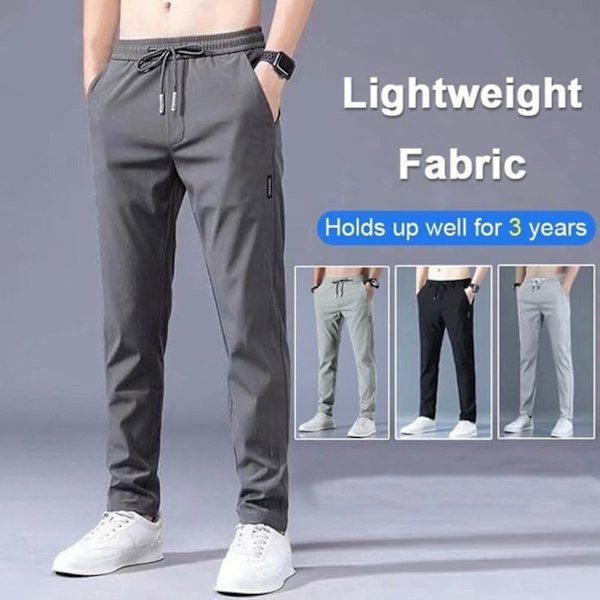 Snabbtorkande stretchiga sportbyxor för män, andningsbara joggingbyxor med dragsko i midjan och fickor - Grå
