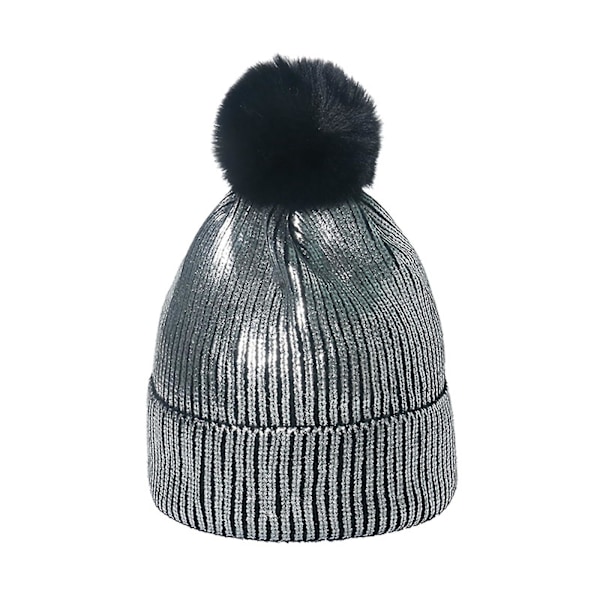 Thick Cable Knit Winter Beanie Hat with Faux Fur Pom - Silver