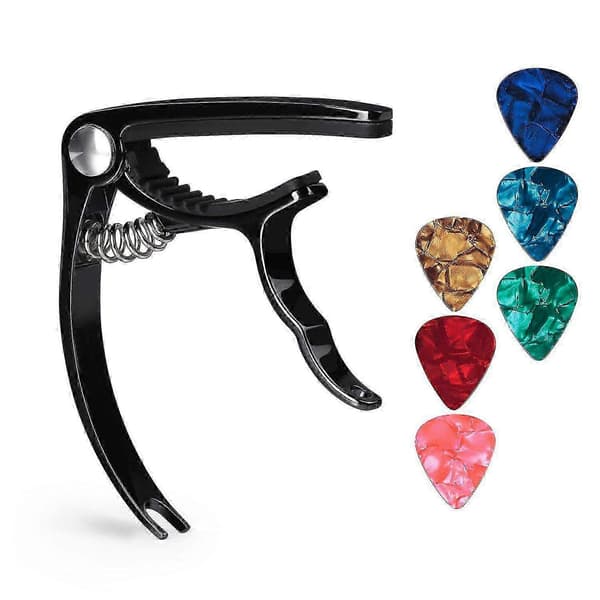 Gitarrcapo med 6 plekter for akustiske elgitarer, ukulele og banjo, svart Black