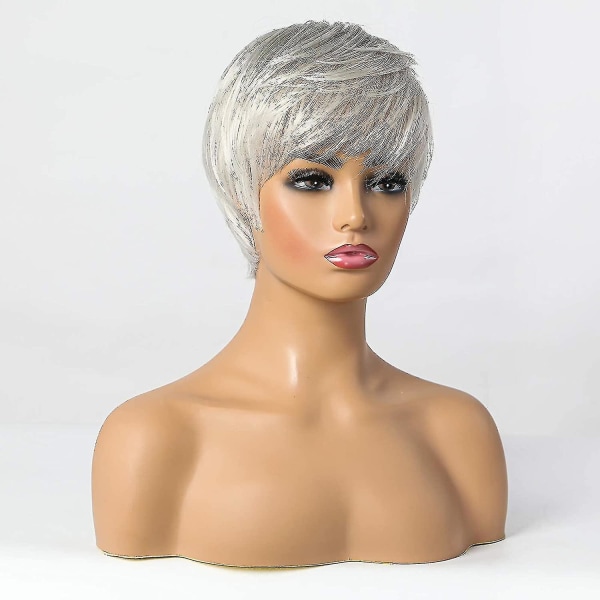 Kort sølvgrå menneskehårblanding Parykker for kvinner, naturlig hår Pixie Cut Parykk, lett/pustende/myk (farge 101)