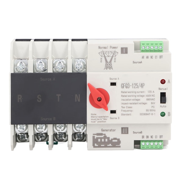 4P Automatisk Overføringsafbryder 35 mm Skinnemonteret Dual Power Generator Switchover Switch AC400V 125A