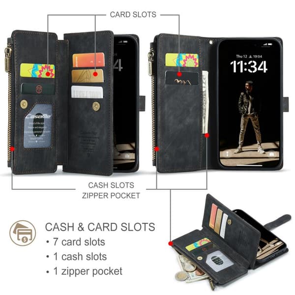 【NX】Compatible with iPhone 17 Case Leather Wallet with Card Slots and Zipper Svart