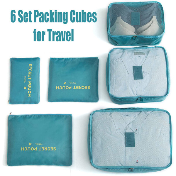 6 stk. Emballageterninger Bagagetasker Organizer Holdbar rejsebagagepakning Organizer Sæt med Himmelblå toilettaske, Model: Blå