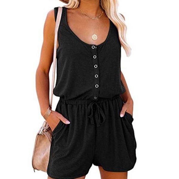 Sommer ærmeløs Romper Dame Casual Scoop Neck Knap Ned Midje Bånd Linned Jumpsuit med Lomme Sort XXL