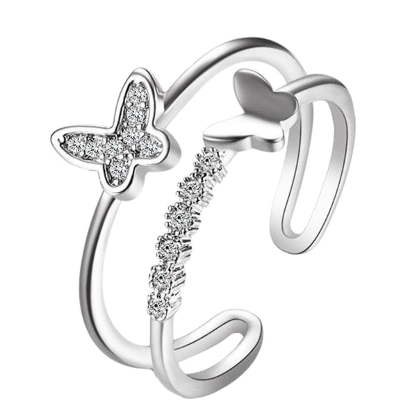 Dubbellager fjärilsring Elegant strass öppningsfingerring inlagd med strass Personlighet smycken present till kvinnor