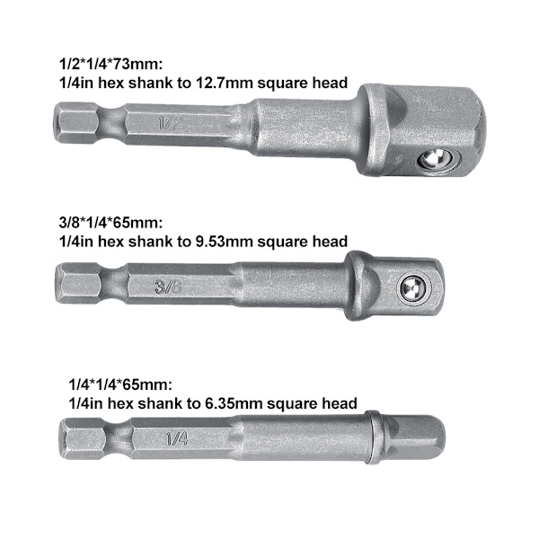 3 kpl/setti Hylsäadapteri 1/4 tuuman kuusiokololla 1/4\" 3/8\" 1/2\" Poranteräpidennys (pitkä malli)