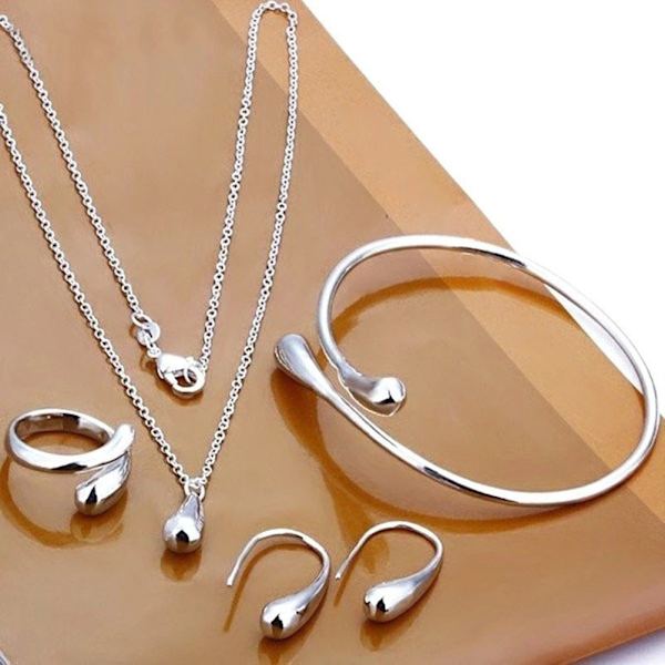 4 stk mode vanddråbe øreringe halskæde ring armbånd sæt sølv smykker bryllup fødselsdag valentinsdag gaver til kæreste kvinder kone