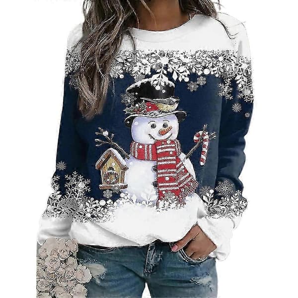 Jul Dame Snemand Langærmede T-shirts Pullover Snefnug Jul Rund Hals Bluse - JA A S