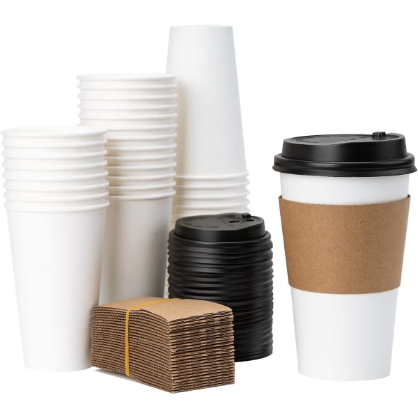 16 Oz 50-pack kaffekoppar med lock och ärmar, vita engångspappersmuggar, To Go varma koppar för kaffe, varm vätska