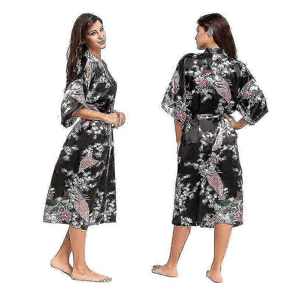 Morgenkåbe til kvinder - blød blomstret satin kimono Black M