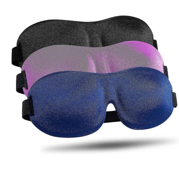 Sleep Mask 3 Pack, opgraderet 3d Contoured 100% Blackout Eye Mask til at sove med justerbar rem, behageligt og blødt natbind til kvinder, mænd, Black   Blue   Purple