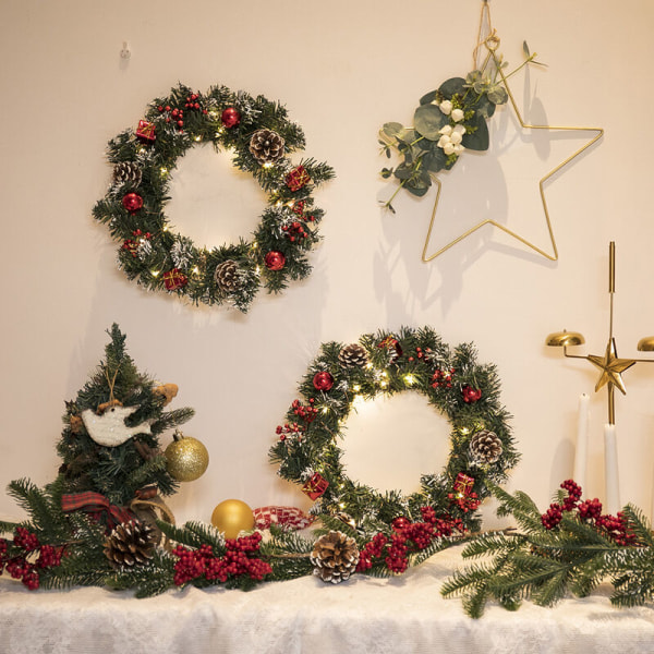 led julelys soveværelse jule hængende cirkel dekorationslys 50 lys (uden batteri), 1 kogle med røde frugter