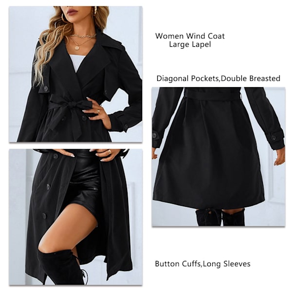 Kvinnor Lapeljacka Dubbelknäppt Manschetter Långa ärmar Bältad midja Mellanlängd Modern Wind Coat för Höst Svart M