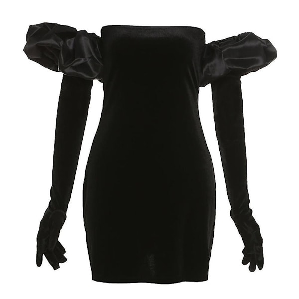 Sexy Black Wrap Bodycon Dress with Puff Sleeves and Gloves for Women