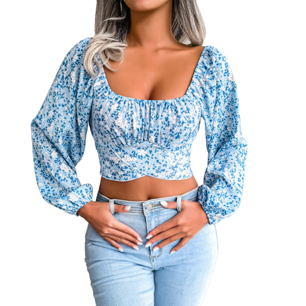 Kvinner Blomstret Kvadratisk Hals Lykt Lång Erme Rygg Knytte Bowknot Crop Top Bluse Blå M