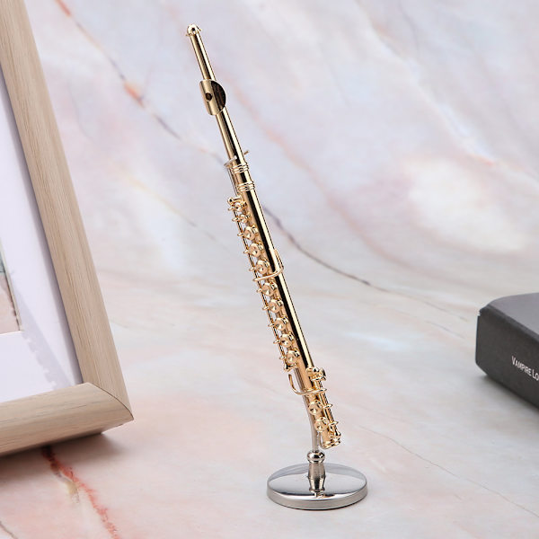Miniatyrfløyte-replika med stativ og etui Gullbelagt instrumentmodell musikalske ornamenter