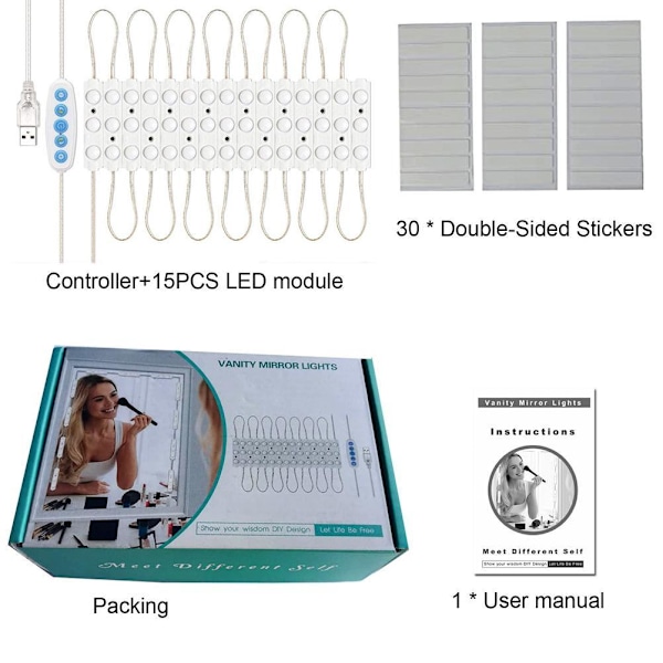 LED-spegellys Dimbar speilbelysning med 45 LED-dioder DIY sminkebelysning for sminkebord USB sminkespeilbelysning