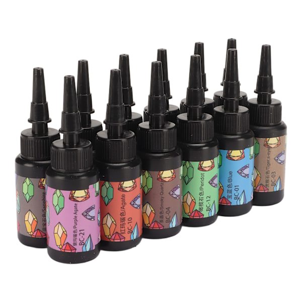 12 stk. UV-harpiks assorterte farger Hurtigherdende Levende farger Mye brukt UV-epoksyharpiks for DIY smykkelaging