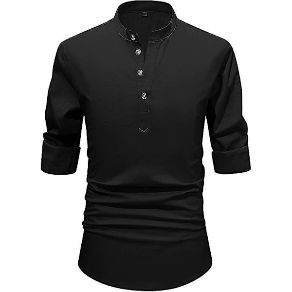 Linen Men's Casual Henley Shirt - Black Beachwear