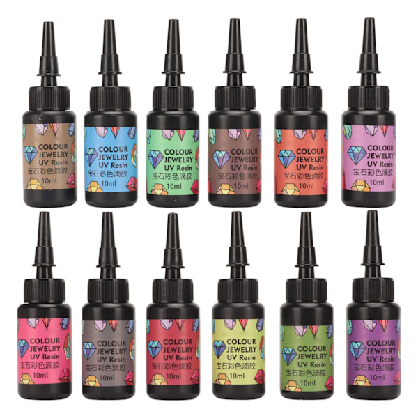 12 stk. UV-harpiks assorterte farger Hurtigherdende Levende farger Mye brukt UV-epoksyharpiks for DIY smykkelaging
