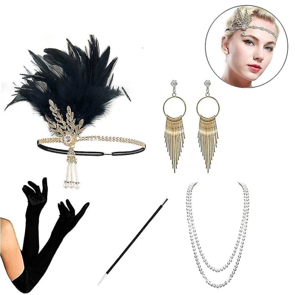 1920-tals set Flapper Pannband, örhängen, pärlhalsband, handskar Style 2