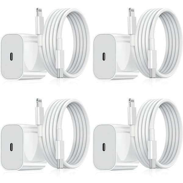 【NX】4-pakning iPhone-lader, 20W Lightning-strømadapter + 2m kabel, hvit 4-pakning 4-Pack Lightning