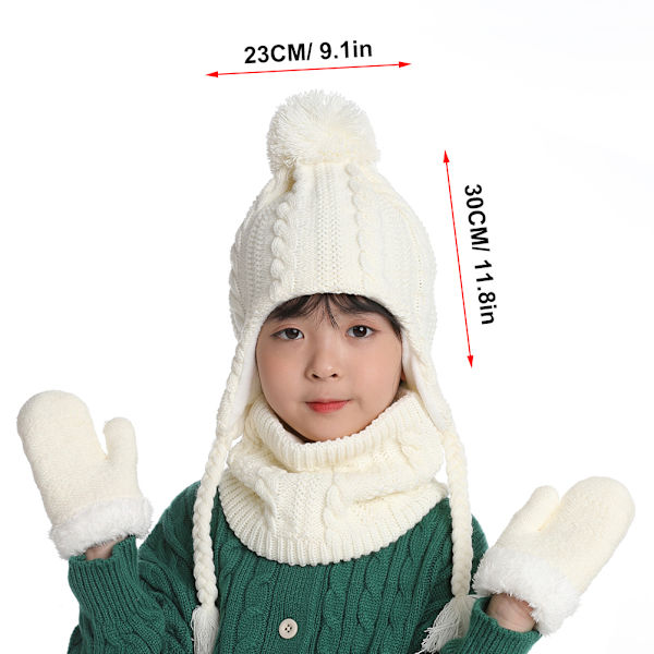 3st Baby Vinter Mössa Scarf Handskar Set Stickad Fleece Fodrad Mössa med Pompom Twist Fläta Utomhus Varm Mössa för 2-5 år Barn Pojkar Flickor