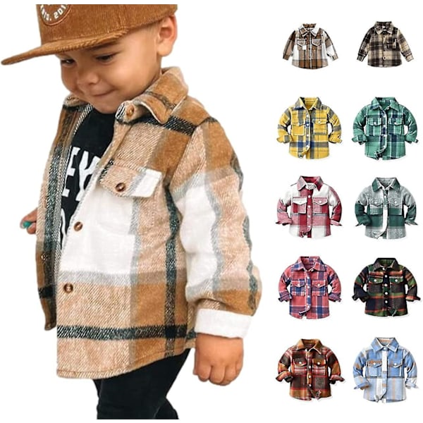 Flannel Plaid Shirt Jacket for Baby Boys and Girls, Long Sleeve Lapel Button Coat, Fall Winter Outwear (7-8 Years, Khaki)