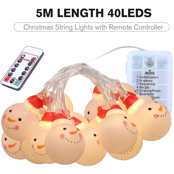 Julsnögubbe LED ljus girland 5 meter lång / 40Leds, Med fjärrkontroll, 8 typer