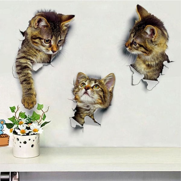 6 stk 3D sød kat dekorative badeværelses vægklistermærker, ødelagt killing vægdekoration til udsmykning af soveværelse, badeværelse