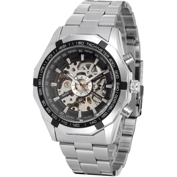 Automaattinen mekaaninen miesten watch teräsnauhalla, muodikas rannekello, ontto design kellot, malli: musta