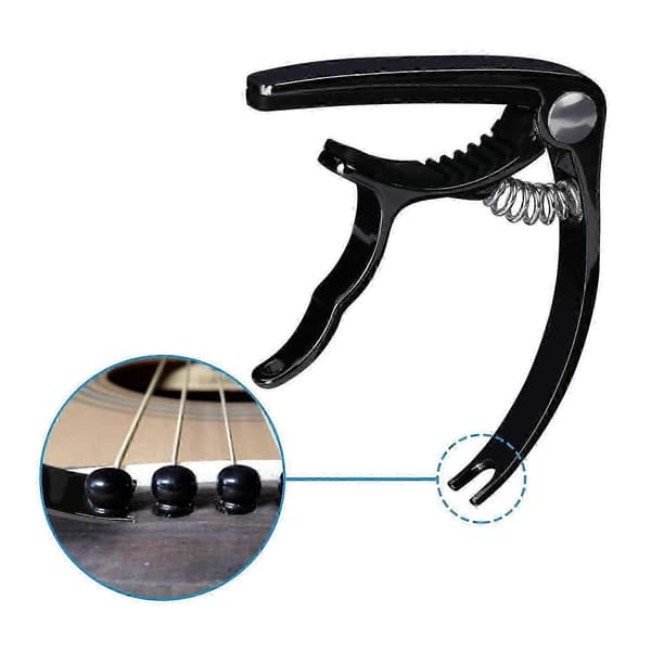 Gitarrcapo med 6 plekter for akustiske elgitarer, ukulele og banjo, svart Black