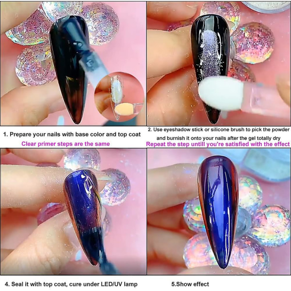 Neglepulver 6 farver spejllaser neglepulver til harpikssæt, metal iriserende glimmer neglepulver spejl multi-krom pulver iriserende neglepulver negl